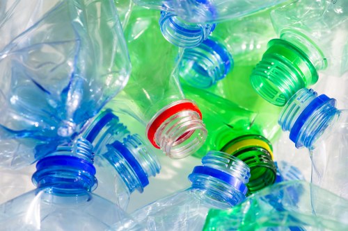 Close-up image of several crumpled plastic bottles, primarily made of clear PET material, with colored caps in blue, green, and red. The bottles are piled together, showing their textured surfaces with ridges close to the necks and smooth, shiny bodies reflecting light. The caps are threaded and tightly screwed onto the bottles, with some caps partially obscured by other bottles. The bottles are positioned randomly, overlapping each other, with a background of more plastic bottle fragments and a slightly blurred environment. This image visually represents recyclable plastic waste, relevant to rubbish and waste management services such as those offered by Office Clearance Crouch End, providing a clear depiction of common waste materials encountered during rubbish removal in the local Crouch End area.