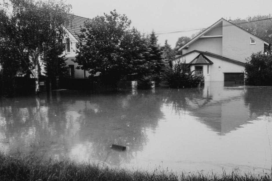 A street scene during flooding, with the lower levels of multi-storey buildings on the left partially submerged in water that covers the pavement area. The buildings are constructed from stone or bric